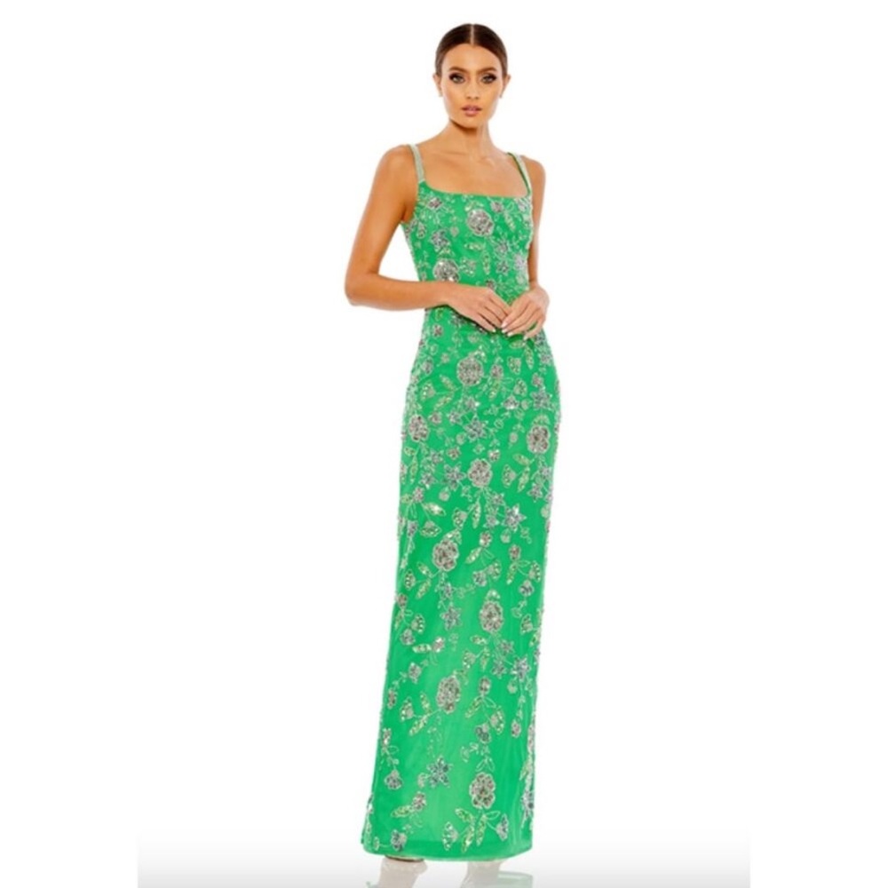 Mac Duggal 10808 floral beaded gown, green, size 16